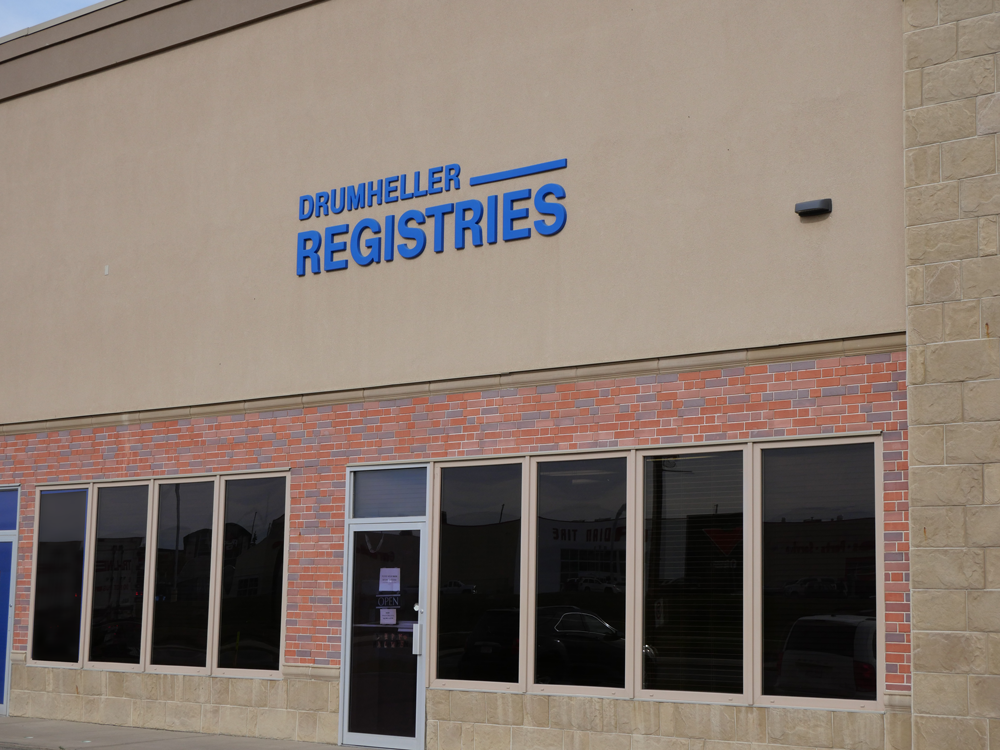 Drumheller Registries building with sign